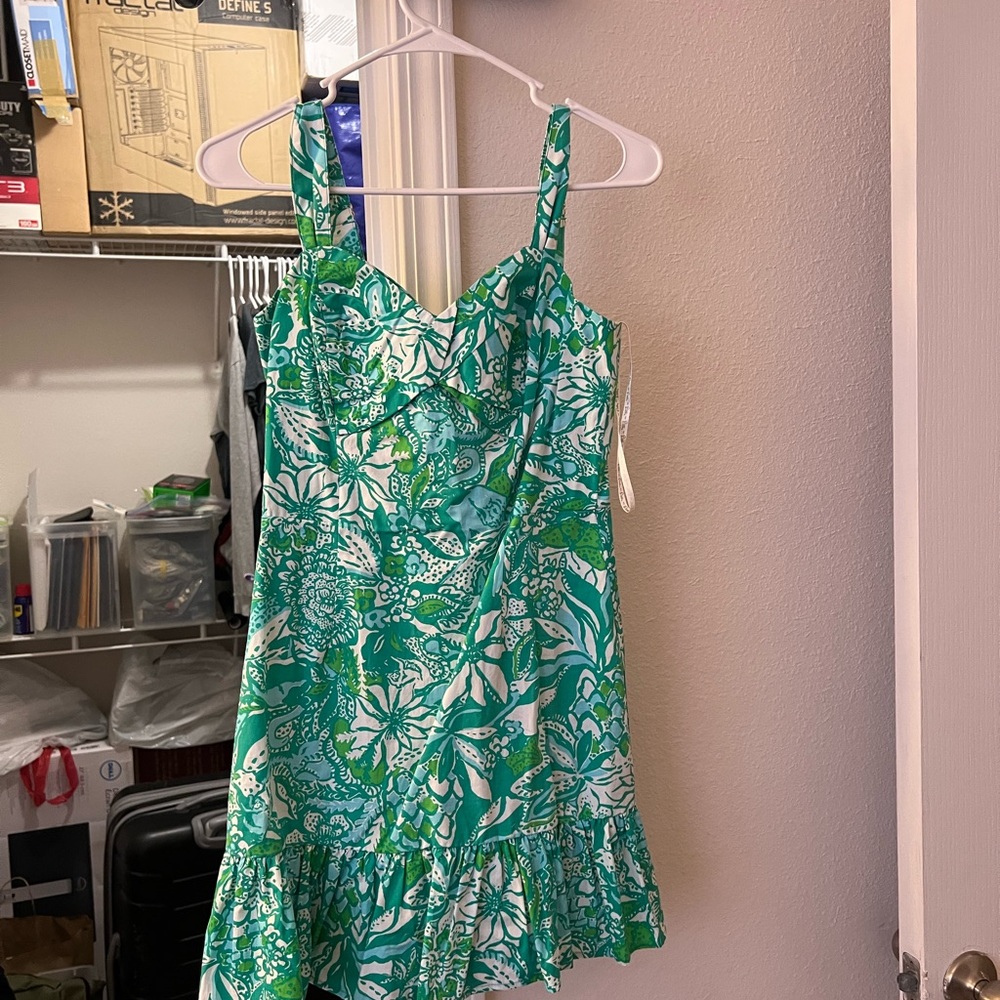 Lilly Pulitzer Green and White Mini Dress with Tropical Print